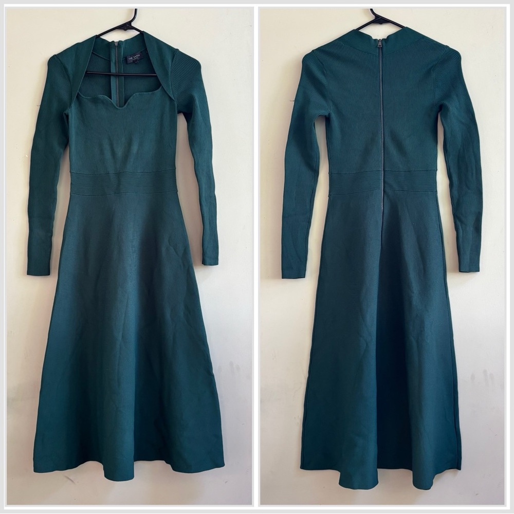 Ted Baker Forest Green Long Sleeve Dress sweetheart size 0 XS / S ribbed midi - Picture 5 of 10
